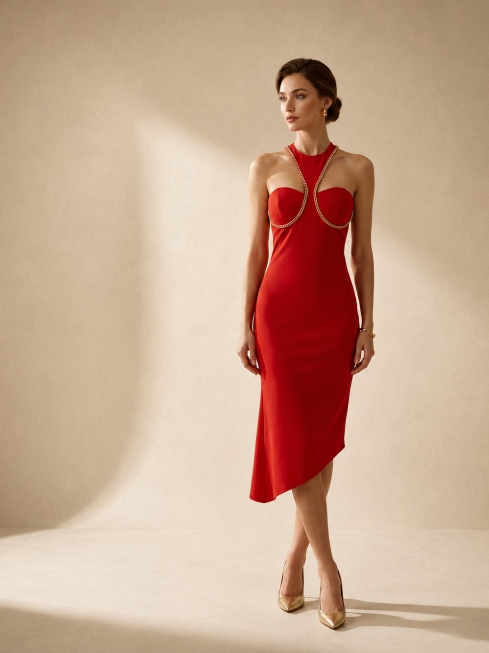Vintage Y2K Red Asymmetric Dress Cut Out Gold Chain Bodycon Midi Mob Wife Size M